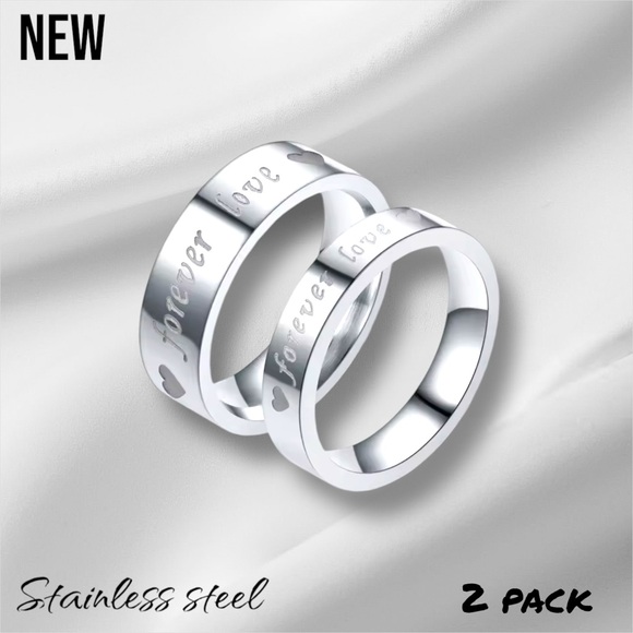 New Silver 2 Ring Set *Forever Love* Print Stainless Steel Band Rings - Picture 2 of 6